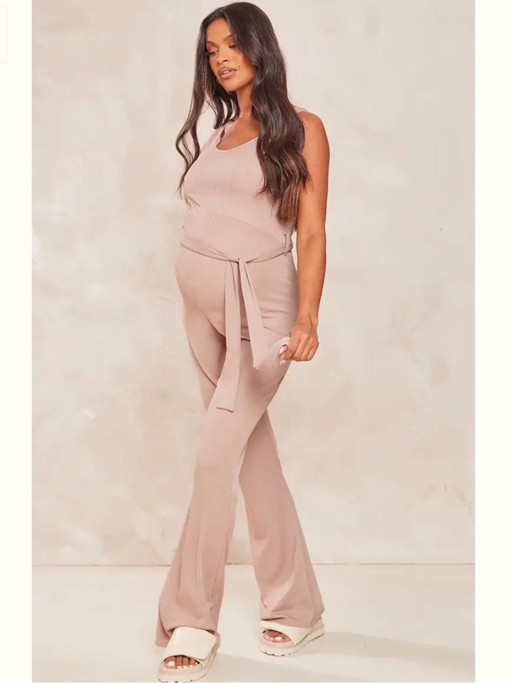 PrettyLittleThing Maternity Ribbed Tie-Waist Jumpsuit - Blush Nude
